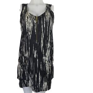 Michael Michael Kors 100% Silk Black Tan Front Pocket Hi - Low Dress Sz M